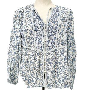 Old Navy Peasant Button-up Blouse Womens S Petite Blue White Floral Rayon Cotton